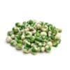 Pile of wasabi peas, green peas coated with white wasabi shell, on white surface.