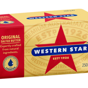 Western Star Original Salted Butter package with red star, blue banner, 250g, established 1926.