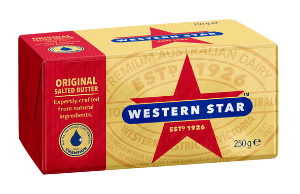 Western Star Original Salted Butter package with red star, blue banner, 250g, established 1926.