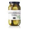 Jar of Westmont Pickles, Dill Sour flavor, 500g, black lid, contents visible through jar.