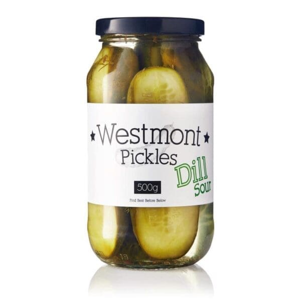 Jar of Westmont Pickles, Dill Sour flavor, 500g, black lid, contents visible through jar.