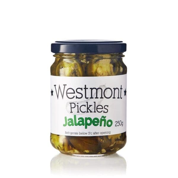 Jar of Westmont Pickles Jalapeño, 250g, with refrigeration instructions on label.