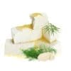 Stack of white cheese cubes with olive oil, fresh dill, and garlic cloves.