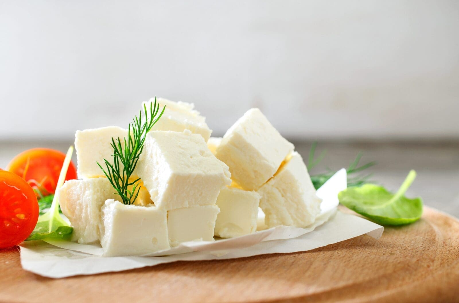 White cheese cubes with dill on parchment, surrounded by cherry tomatoes and green leaves.