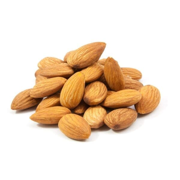 Pile of whole almonds with brown shells on a plain white background.