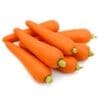 Whole carrots with bright orange skin and green tops on a white background.