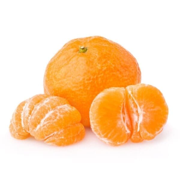Whole mandarin and peeled sections show bright orange color and smooth texture.