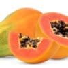A whole papaya and two halves with orange flesh and black seeds are shown.
