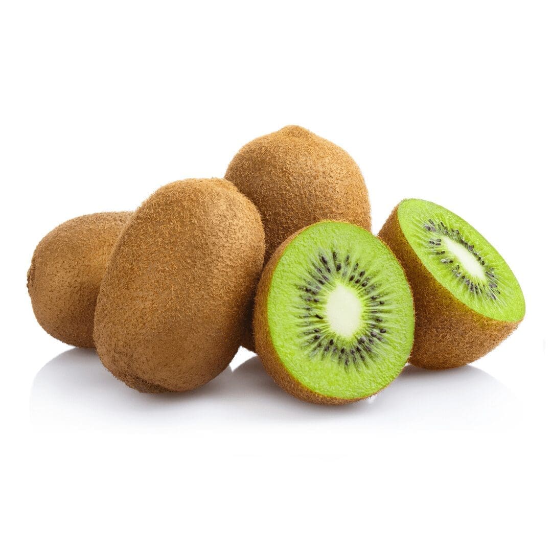 Whole and sliced kiwis with brown skin and green flesh on a white background.