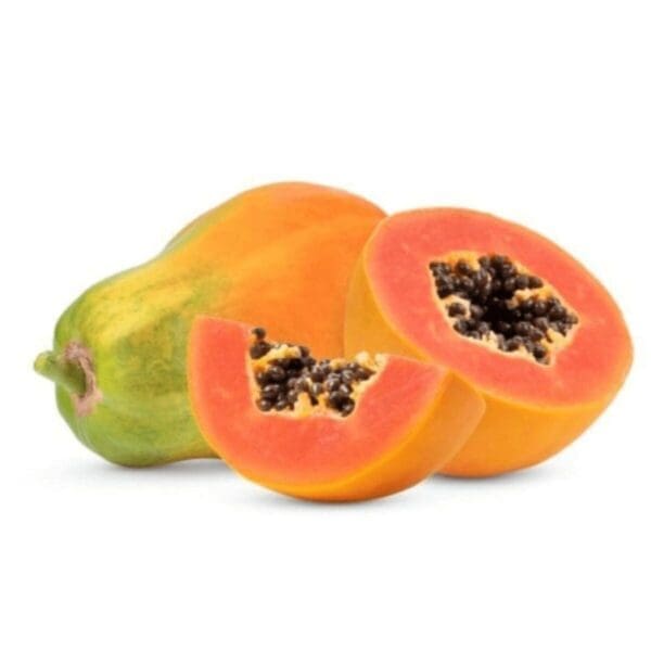 Whole and sliced papaya on a white background showing orange flesh and black seeds.