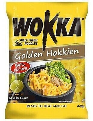 Wokka Golden Hokkien noodles, 99% fat-free, low sugar, ready to heat, 440g package displayed.