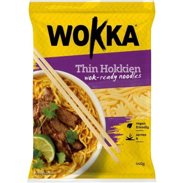 WOKKA Thin Hokkien noodles package with yellow-purple design, showing bowl and ingredients.