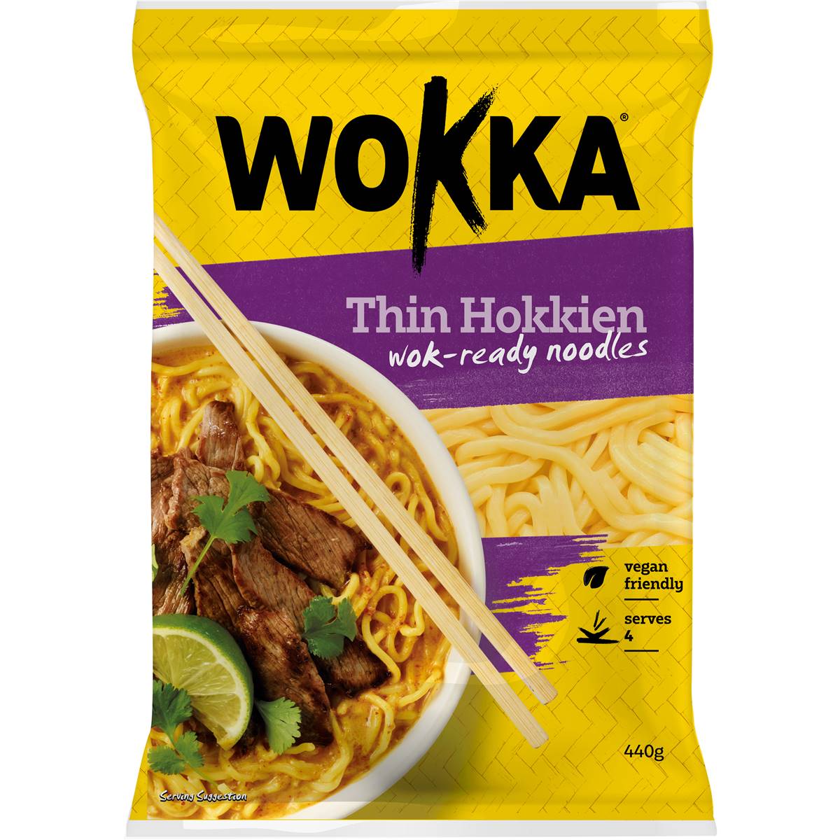 WOKKA Thin Hokkien noodles package with yellow-purple design, showing bowl and ingredients.