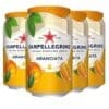 Four yellow Sanpellegrino Aranciata cans with orange and green leaf design.