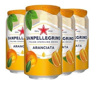 Four yellow Sanpellegrino Aranciata cans with orange and green leaf design.