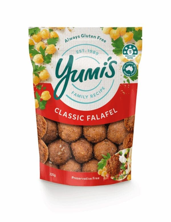 Yumi’s Classic Falafel package, 225g, gluten and preservative free, 5-star health rating.