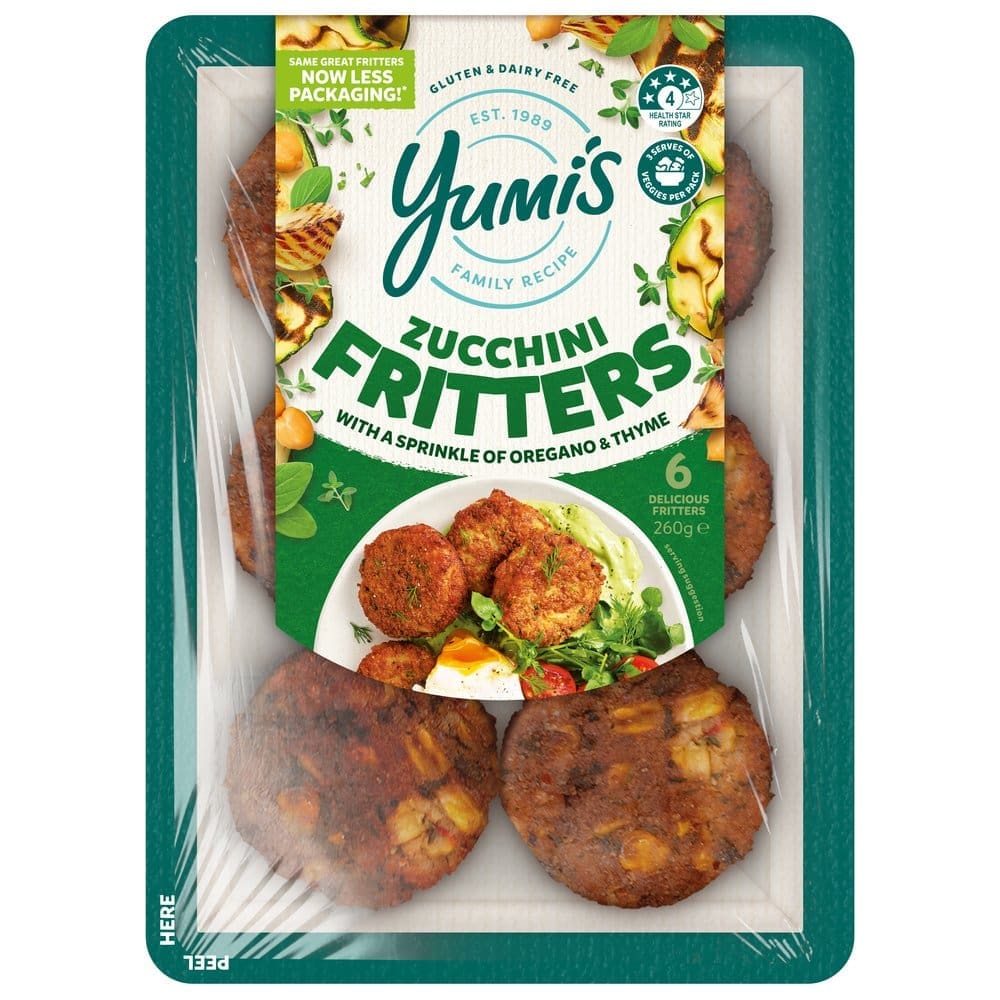 Yumi's Zucchini Fritters, gluten-free, dairy-free, 6-count, oregano, thyme, 4-star health.