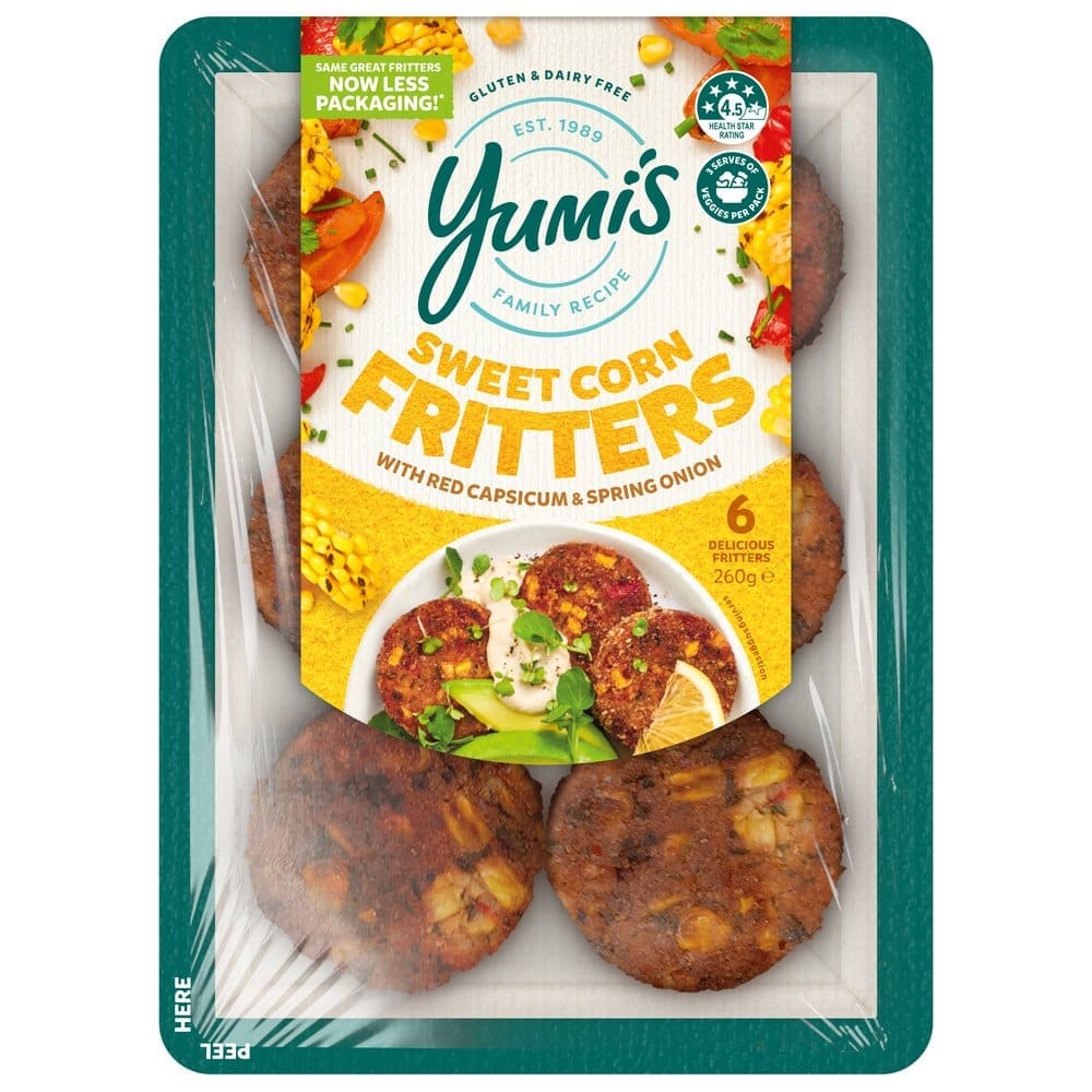 Yumi's Sweet Corn Fritters, red capsicum, spring onion, gluten-free, 260g, 4.5-star rating.