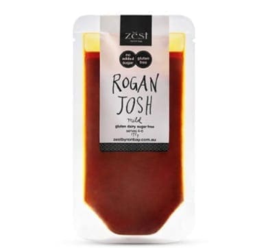 Zest Rogan Josh mild sauce pouch, gluten-free, dairy-free, sugar-free, 450g.