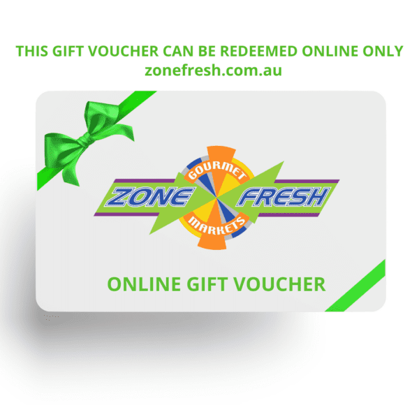 Online gift voucher for Zone Fresh Gourmet Markets with green ribbon and colorful logo.