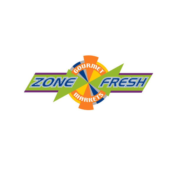 Logo of Zone Fresh Gourmet Markets, colorful circular design with text and arrow motif.