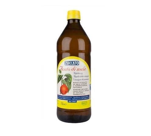 Brown bottle of Zuccato apple cider vinegar, 750ml, yellow cap, apple image on label.