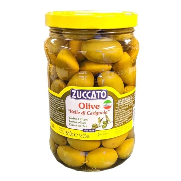 Jar of Zuccato Olive "Belle di Cerignola," 1650g, with yellow lid and multi-language label.