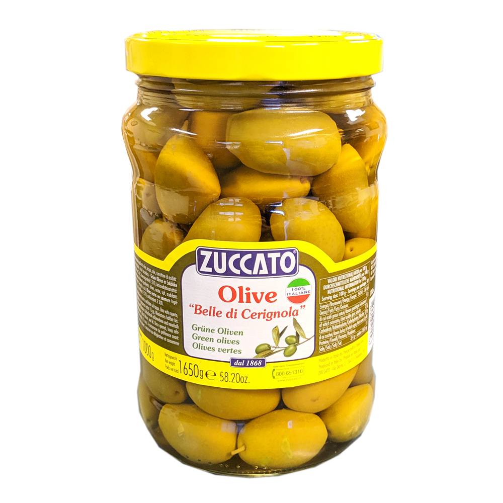 Jar of Zuccato Olive "Belle di Cerignola," 1650g, with yellow lid and multi-language label.