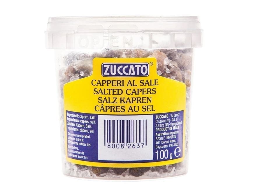 Container of 100g Zuccato Salted Capers with multicolored label, Italy product.