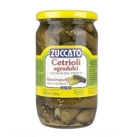 Jar of Zuccato sweet and sour gherkins with yellow lid, labeled "Cetrioli agrodolci."